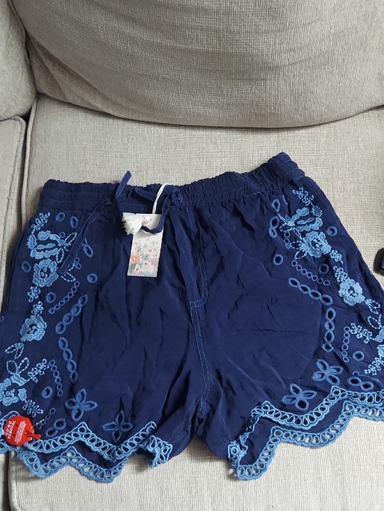 Johnny Was Pants - Johnny Was Navy Scalloped Embroidered Shorts with Light Blue Accents